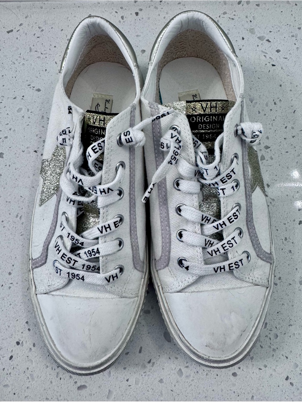 Women’s Vintage Havana Canvas White, Silver, and Gold Sneakers